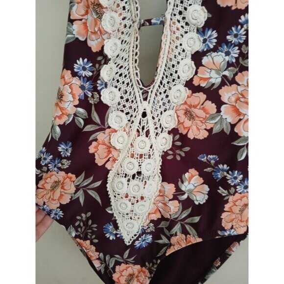 Kona Sol Floral One Piece Swimsuit Plunge Crochet Trim Halter Boho Retro M - Picture 2 of 8
